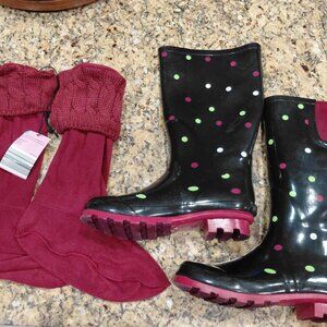 Senna Ladies Rain & Garden Boots Sz 8M Black Polka Dot Removable Liner NWOT